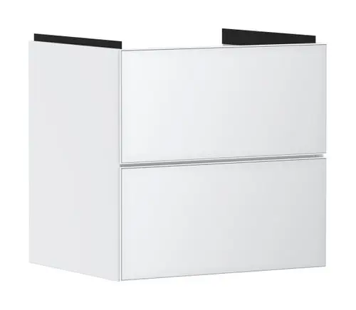 Weißer Waschtischunterschrank mit zwei Schubkästen, ausgestattet für einen Waschtisch. Design von Hansgrohe, klar und funktional.